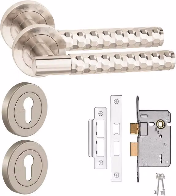 Golden Grace Brushed Silver Bathroom Door Handle Set with Lock Mortise and Thumbturn