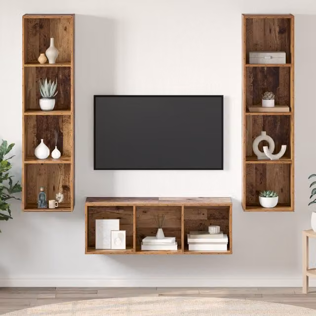 Berkfield Home 3-Piece Wall-Mounted TV Cabinet Set with Shelves in Brown Old Wood, W/D/H: 37 x 37 x 142.5 cm – 1