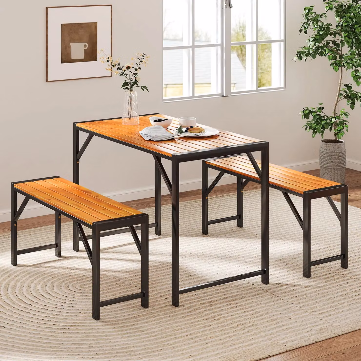 Costway 3-Piece Acacia Wood Patio Dining Set with Rectangular Picnic Table and 2 Benches in Brown – 6