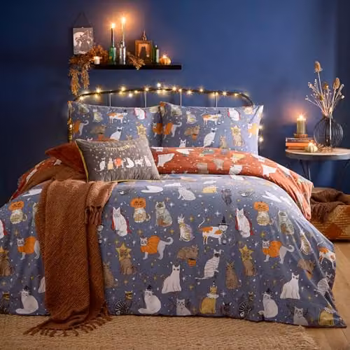 Riva Home Halloween Pawty Reversible Graphic Animal Duvet Cover Set, Multicolour, W: 240 cm, D: 220 cm