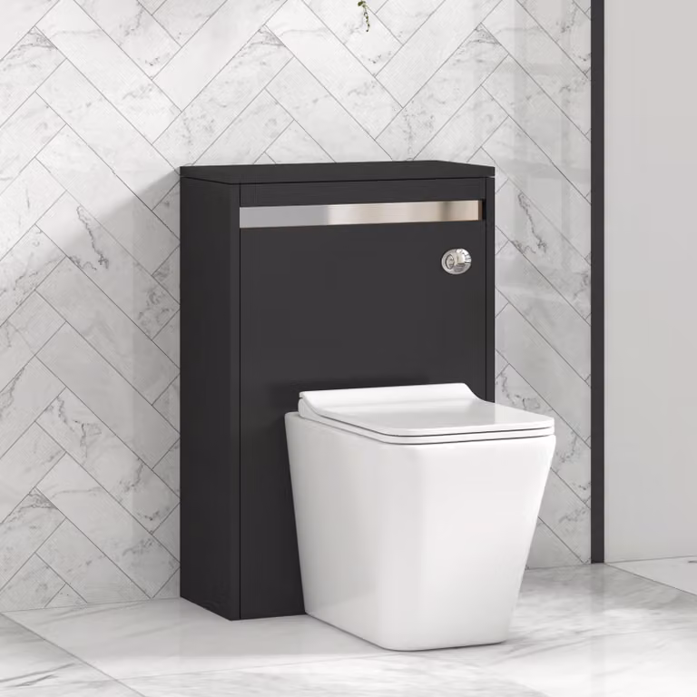 Royal Bathrooms Orion Matt Obsidian Black BTW WC Unit with Elena Rimless Ceramic Toilet Pan, Slim Soft Close Seat and Cistern with Chrome Accent Trim