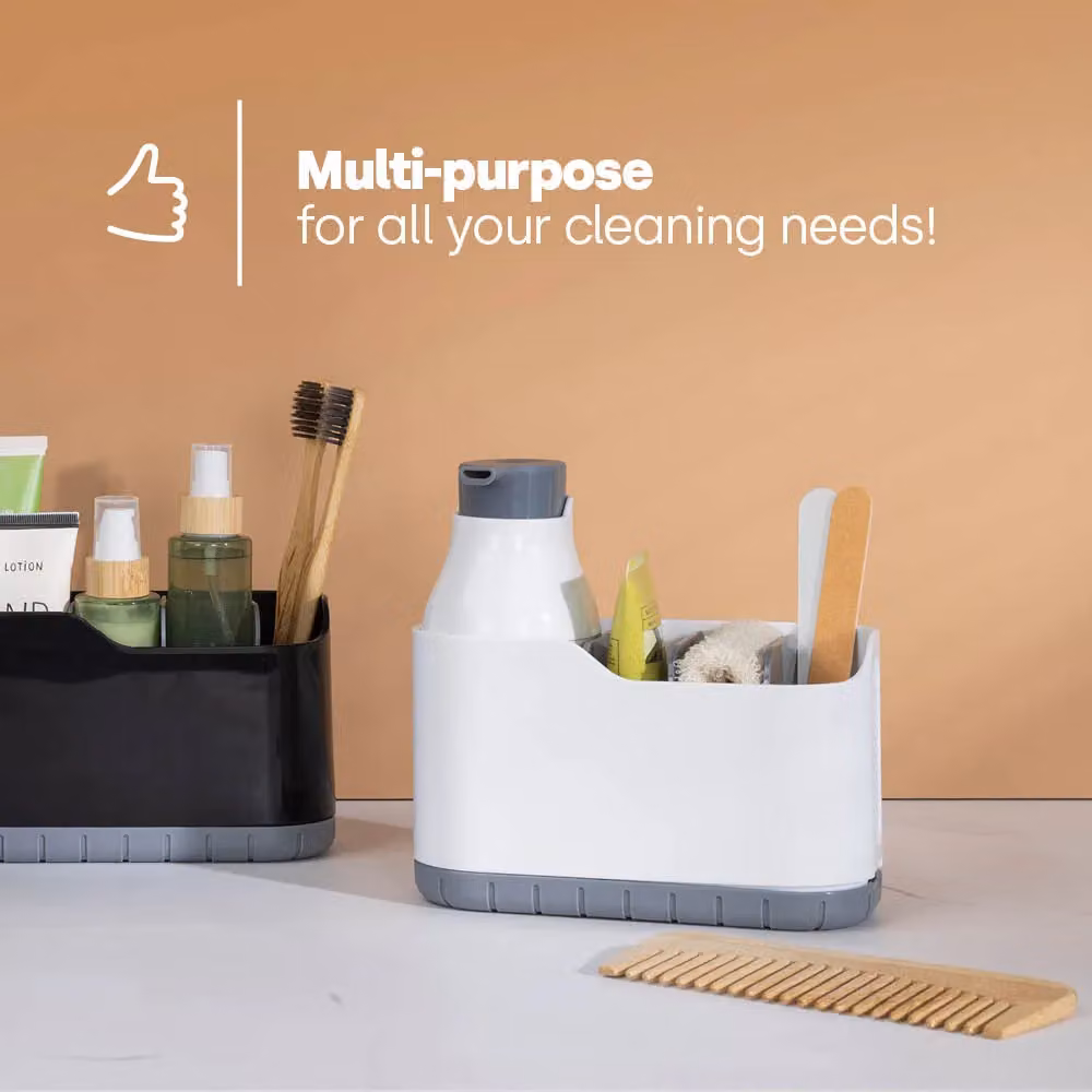 LIVIVO 2-in-1 Sink Caddy and Foam Soap Dispenser with Drainage, White Plastic Organiser for Kitchen and Bathroom – 3