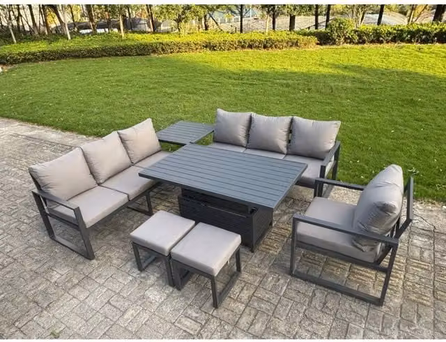 Fimous 9-Seater Aluminium Sofa Dining Set with Height-Adjustable Lifting Table and 2 Stools in Dark Grey