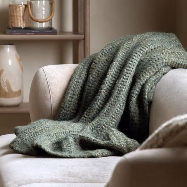 Terrys Knitted Wool and Polyester Throw in Beige and Green, W: 130 cm x D: 170 cm