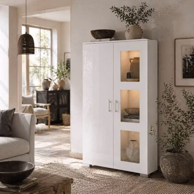 Wyld Haus Sora Coma High Gloss White Display Cabinet with Glass Doors, Internal Shelves and Integrated LED Lighting