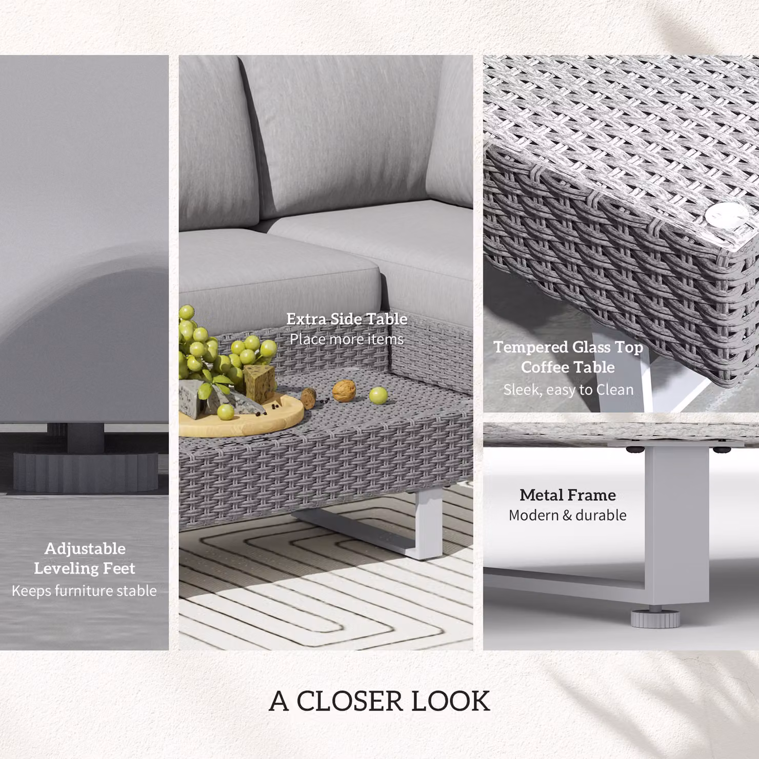 Outsunny 5-Seater L-Shape Rattan Wicker Sofa Set with Coffee Table and Cushions in Light Grey – 6