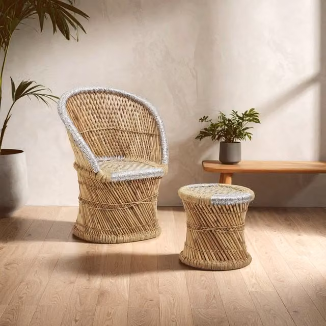 Interiors by Premier Orsina Handwoven Rattan and Bamboo Chair and Stool Set in Natural and Grey