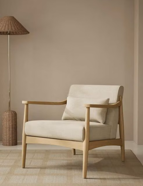 M&S Sherwood Mid-Century Accent Chair in Beige Chenille with Light Oak Solid Wood Frame