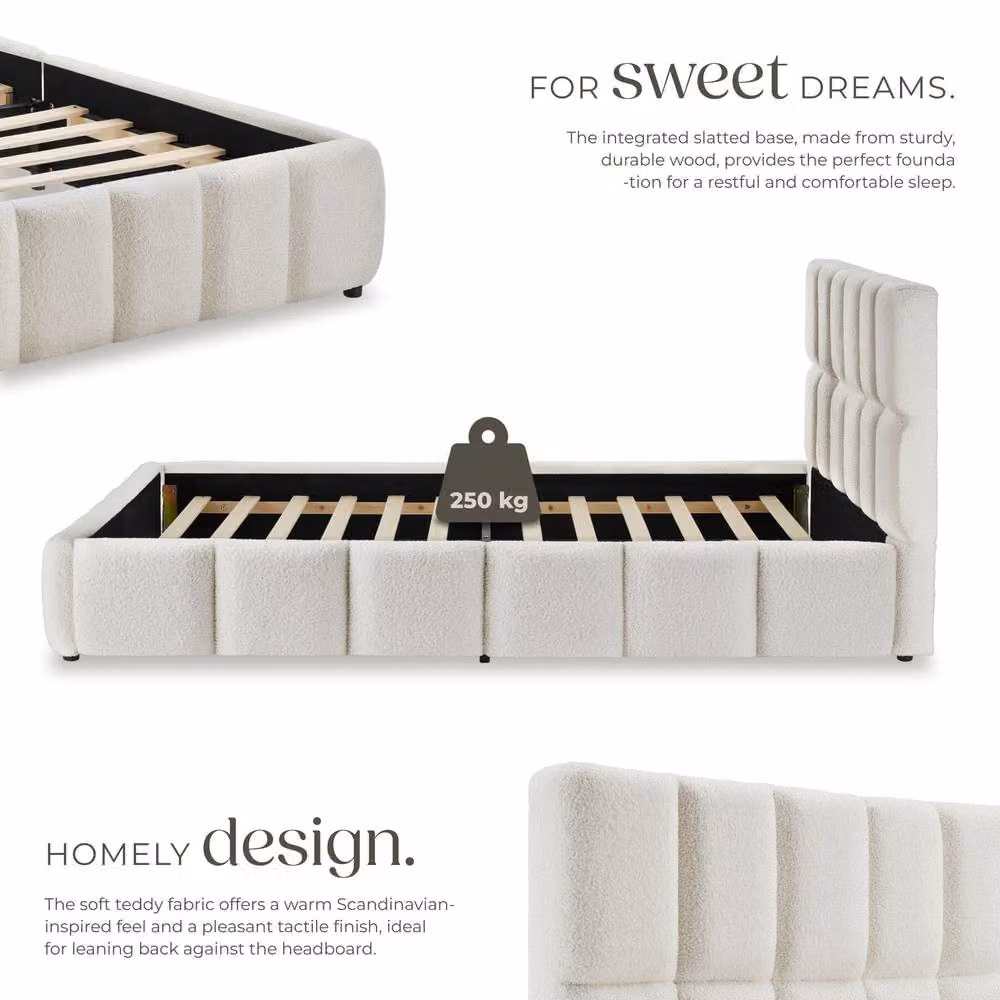 tectake Shirley Upholstered Bed with Slatted Frame and Lift-Up Base, Cream/Beige, W/D/H: 140 x 200 cm – 2