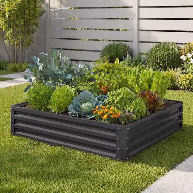 STILVORA Grey Galvanised Steel Raised Garden Bed W/D: 120 x 120 cm, H: 30 cm