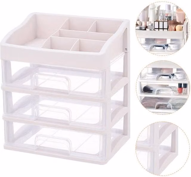 Garden Sanctuary Plastic Makeup Organizer with 3 Drawers in Grey and White, W/D/H: 31.0 x 27.5 x 17.0 cm