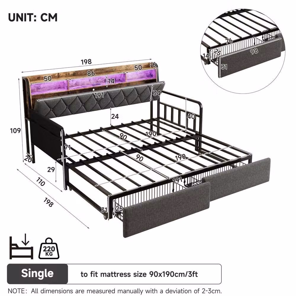 Rolipo Grey Linen Single Daybed with Trundle, Storage Drawers, LED Lighting and USB Ports, W/D/H: 140 x 200 cm – 7