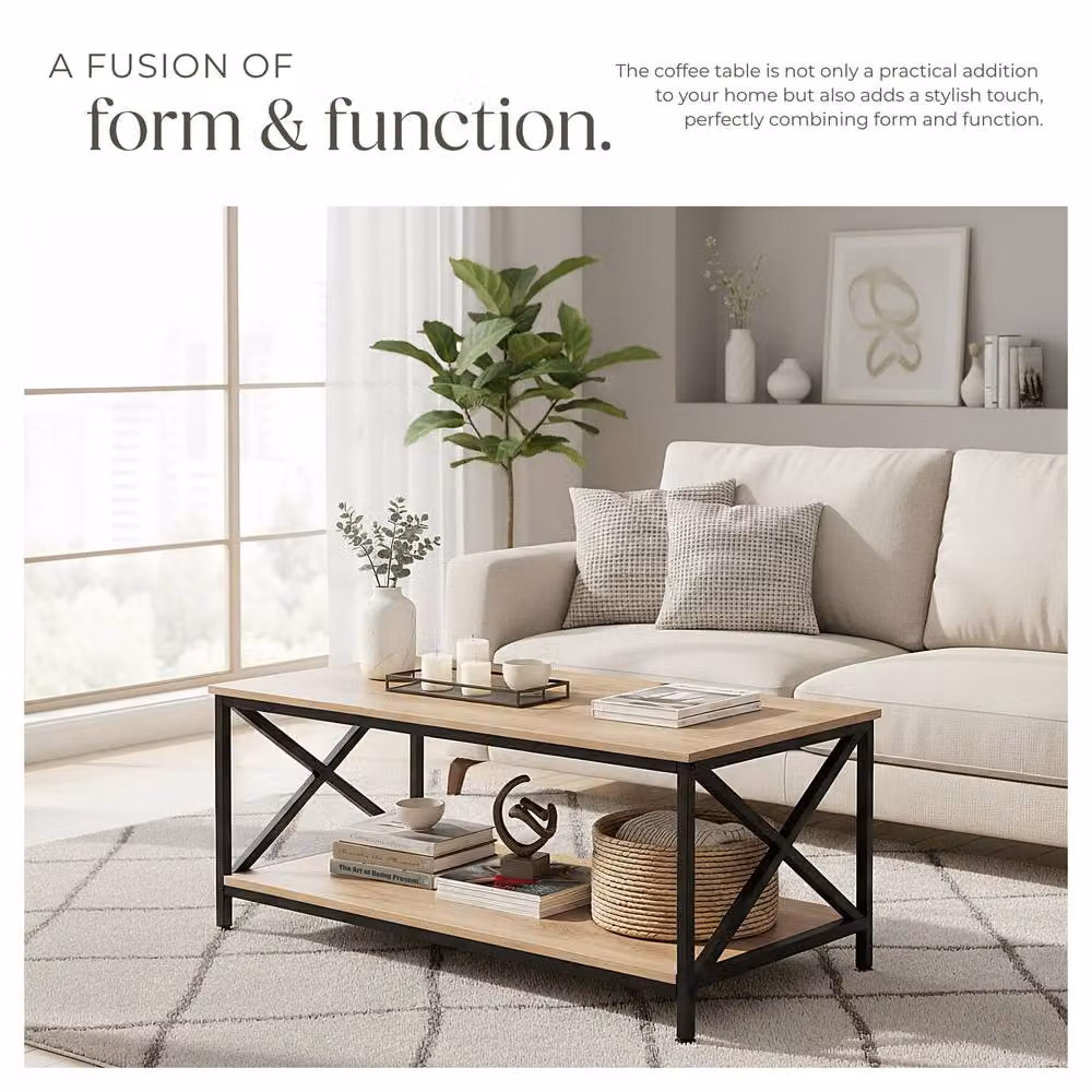 tectake Pittsburgh Rectangular Coffee Table with Storage Shelf in Light Oak and Grey – 5