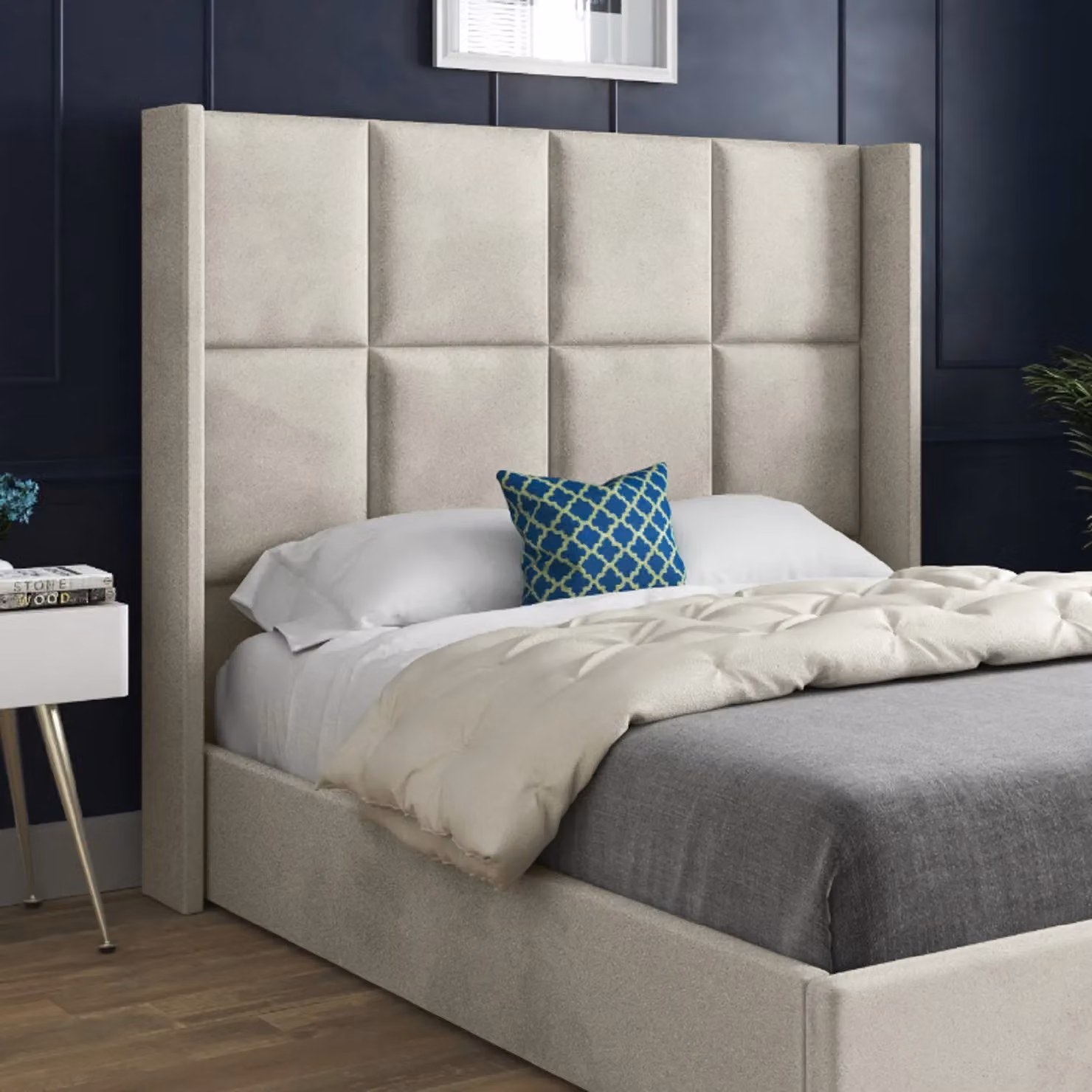 KDMD Quanta Modern Upholstered Velvet Bed Frame in Beige, W/D/H: 180 x 200 x 159 cm – 2