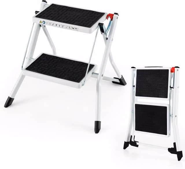 COSTWAY 2 Step Foldable Metal Step Ladder in White