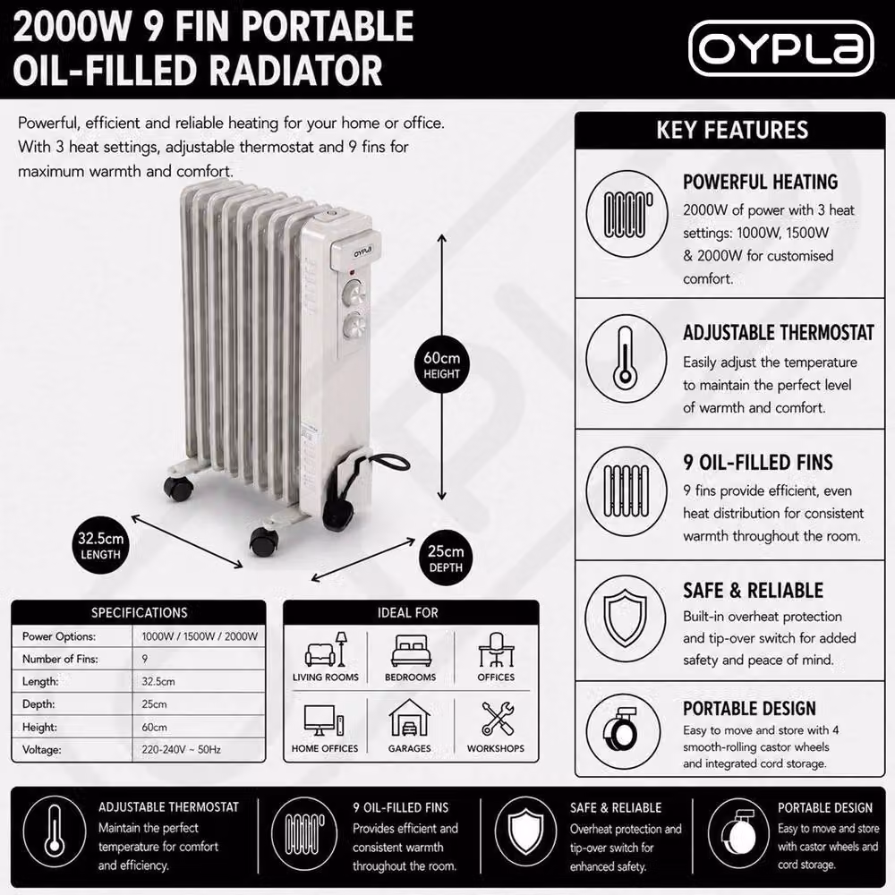 Oypla 9 Fin Portable Oil Filled Electric Radiator Heater in White – 2