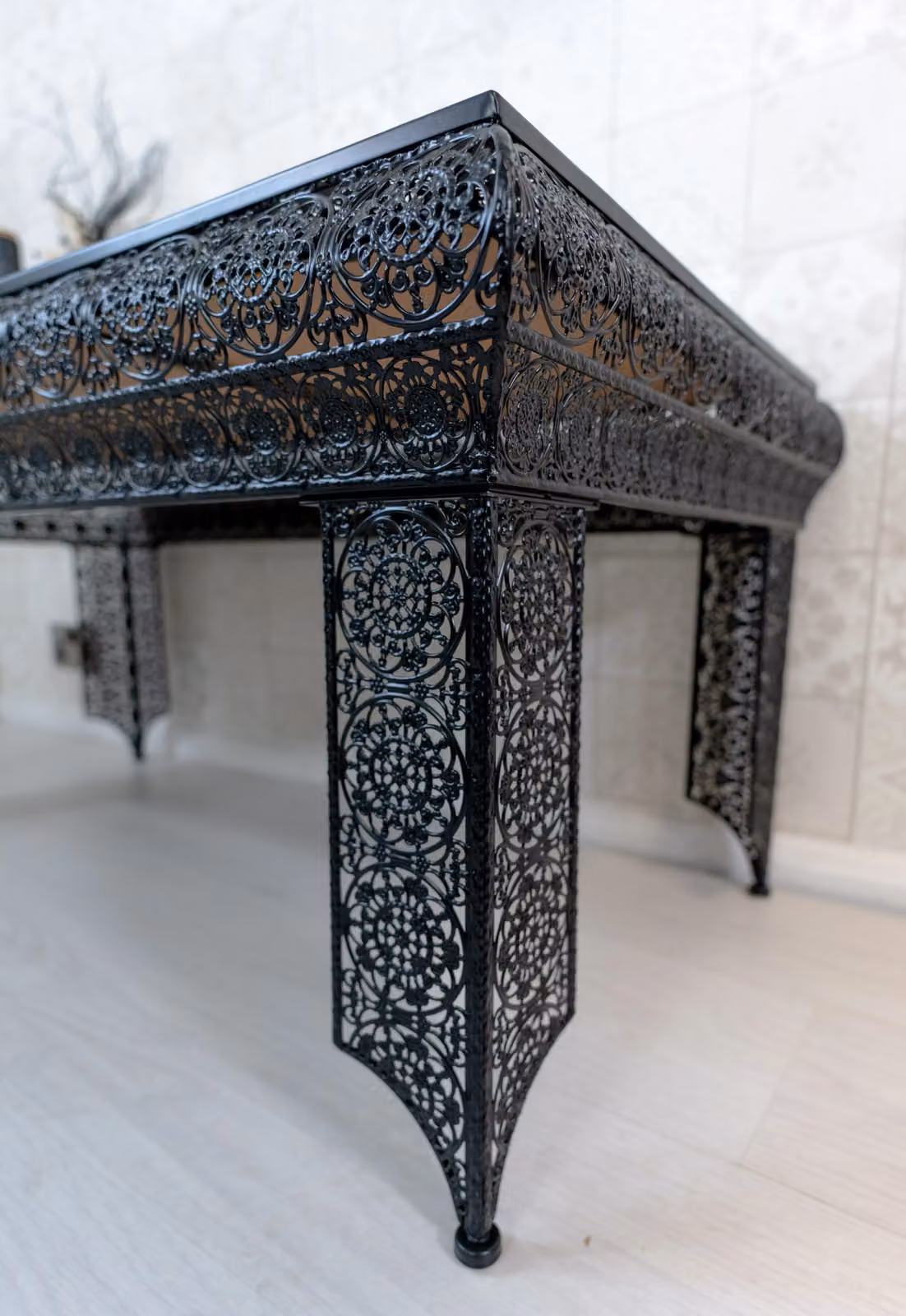 Downton Interiors Agadir Black Embossed Metal and Mirrored Glass Coffee Table – 2