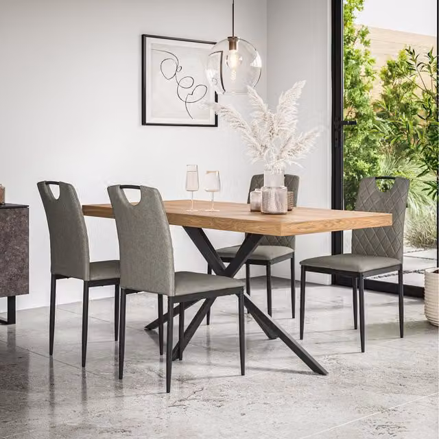More4Homes Donni Dining Set with Oak Effect Rectangular Table and 6 Grey Monza Linen Chairs