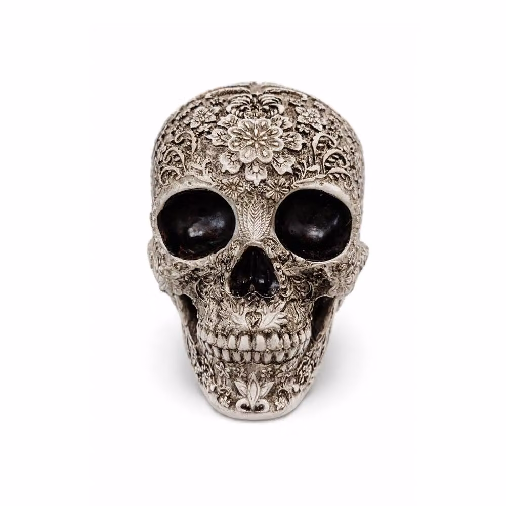Voltico Gothic Floral Resin Skull Tabletop Decorative Ornament in Beige, Black or Grey, H: 15.5 cm x W: 13.0 cm x D: 13.0 cm – 3