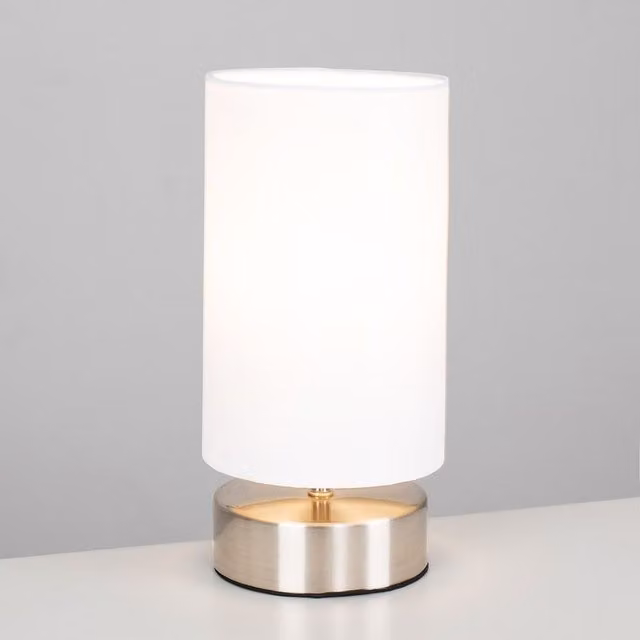 ValueLights Francis Dimmable Touch Table Lamp with White Fabric Shade in Brushed Chrome, H 25.5 cm x W 12 cm x D 12 cm – 1