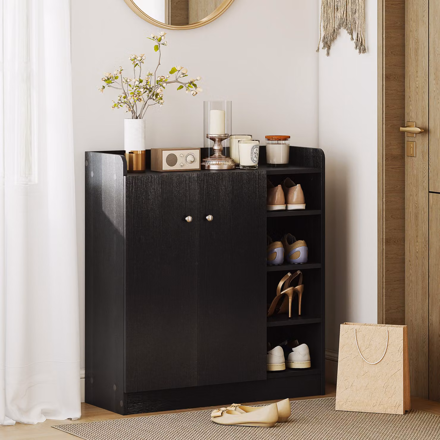 HOMCOM Modern Black Shoe Storage Cabinet with Hinged Doors and Adjustable Shelves – 2