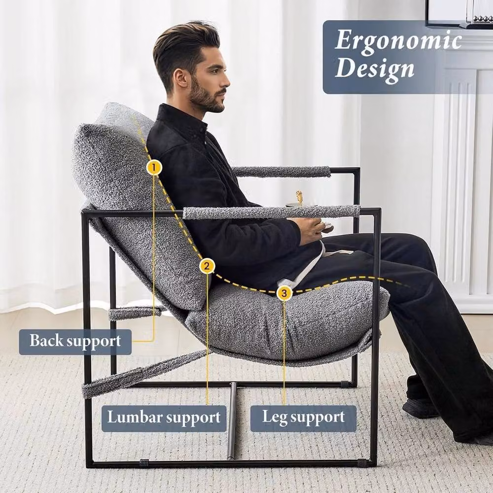 KORVIXA Modern Lounge Armchair in Grey Bouclé Fabric with Metal Frame – 4