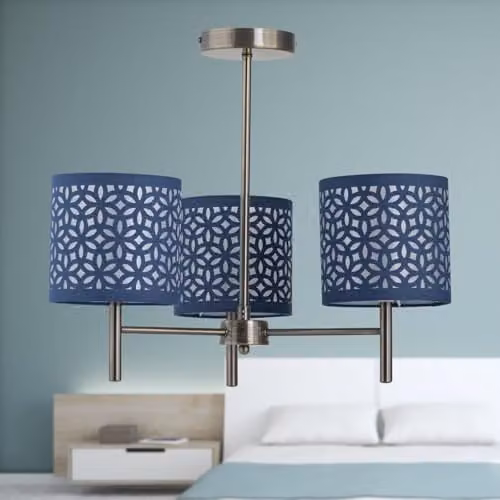 First Choice Lighting Brea 3 Light Antique Brass Ceiling Fitting with Blue Fabric Shades – 4