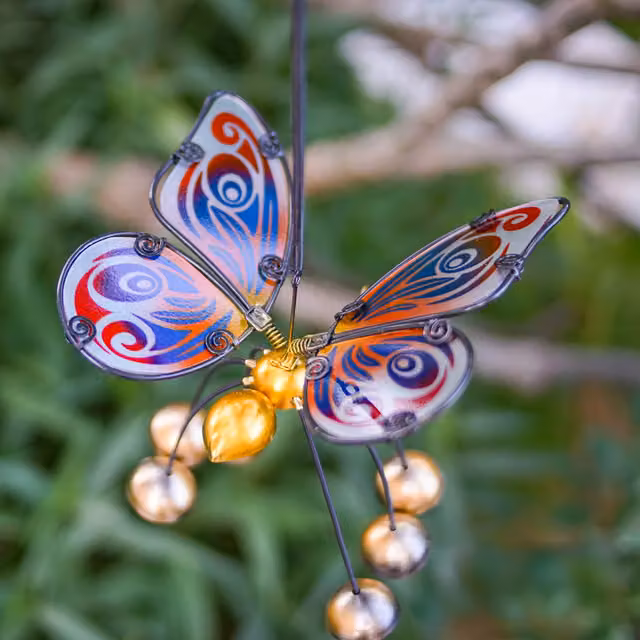 Betley Butterfly Gold and Blue Glass Wings Hanging Garden Ornament with Bobbin Bells