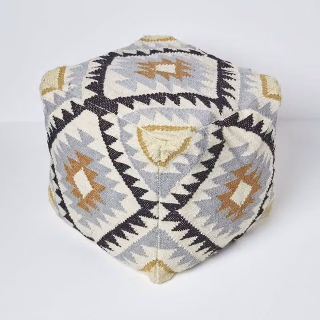 Homescapes Agra Gold Black Kilim Handwoven Beanbag Pouffe Footstool, Multicolour (Yellow) W/D/H: 43 x 43 x 43 cm