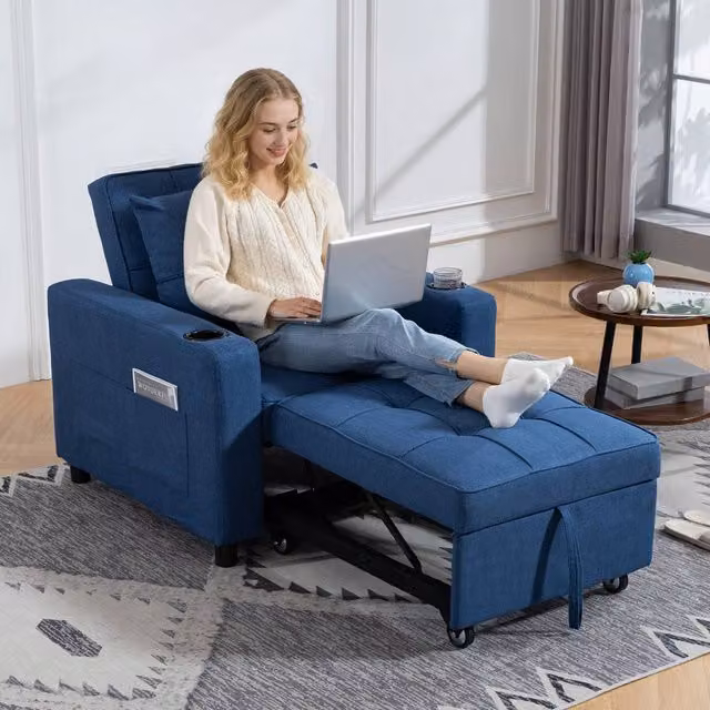 HOMCOM 3-in-1 Convertible Sofa Bed and Sleeper Chair with Adjustable Backrest in Dark Blue – 1