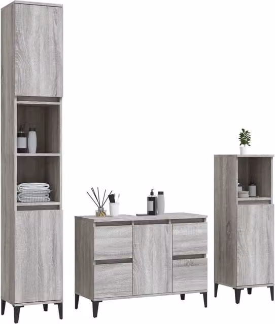 Berkfield Home Modern 3 Piece Grey Bathroom Furniture Set with Tall Cabinet and Internal Shelves