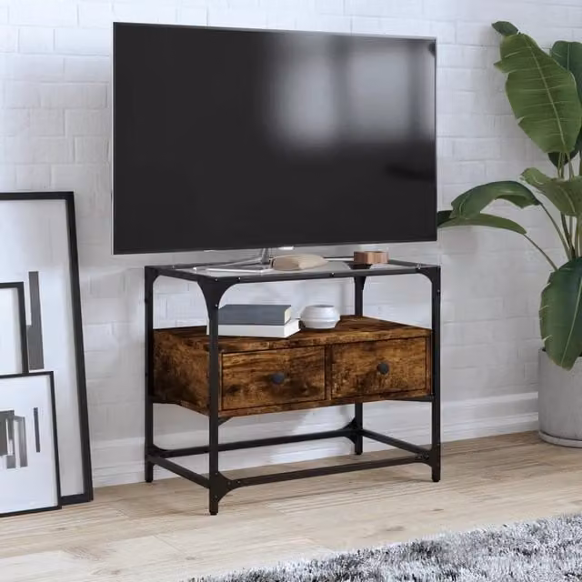 Berkfield Home Industrial TV Cabinet with Glass Top in Smoked Oak and Brown, W/D/H: 60 x 35 x 51 cm – 1