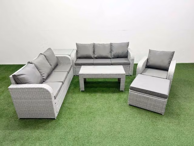 Fimous 8 Seater Poly Rattan Garden Furniture Set in Grey with 3 Seater Sofa, Reclining Chairs, Ottoman and Coffee Table