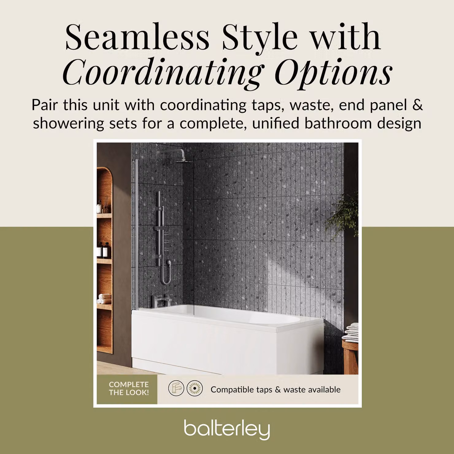 Balterley Round Shower Bath Set with Apron and Square Screen in Black and White, W/D/H: 170 x 70 x 35.5 cm – 3