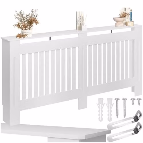 tectake Modern Slatted MDF Wood Radiator Cover with Top Shelf in White, W/D/H: 172.3 x 19 x 82 cm