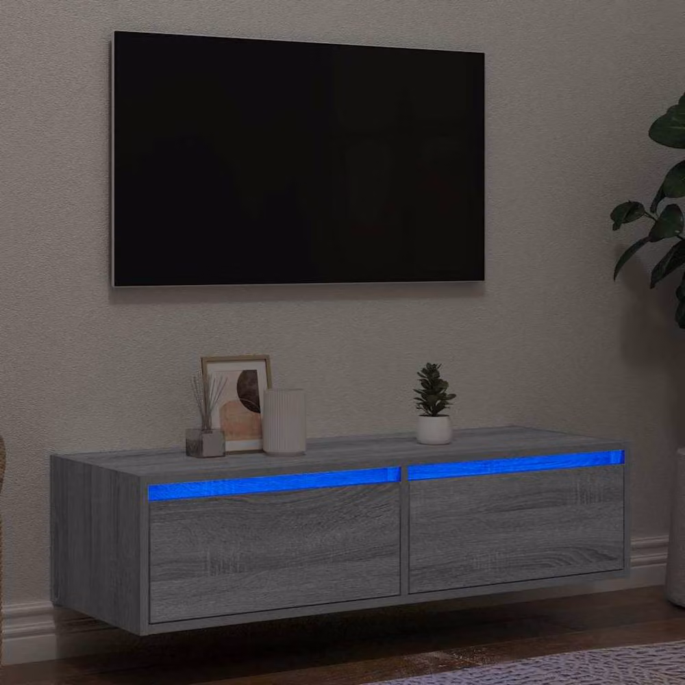 Berkfield Home Modern TV Cabinet with LED Lights in Grey Sonoma, W: 100 cm, D: 35.5 cm, H: 25 cm – 2