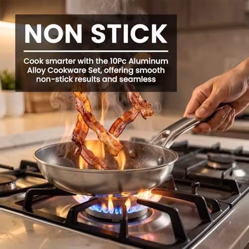 Alivio 10 Piece Non-Stick Aluminium Alloy Cookware Set with Lids in Beige, Compatible with Induction, Gas, Electric and Halogen Cooktops – 4