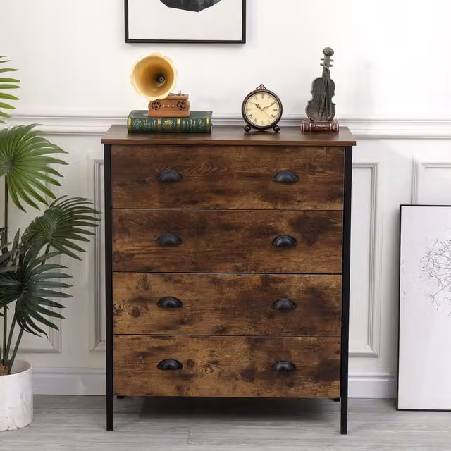 HMD 4-Drawer Chest of Drawers in Brown Burnt Wood