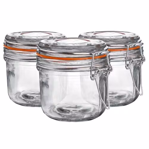 Argon Tableware Glass Storage Jars with Airtight Stainless Steel Clip Lid, 200ml, Set of 3 in Transparent and Orange – 1