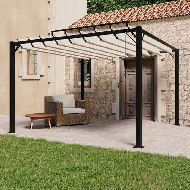 Berkfield Home Gazebo with Louvered Roof in Beige Aluminium and Cream Fabric, W: 300 cm, D: 300 cm, H: 300 cm