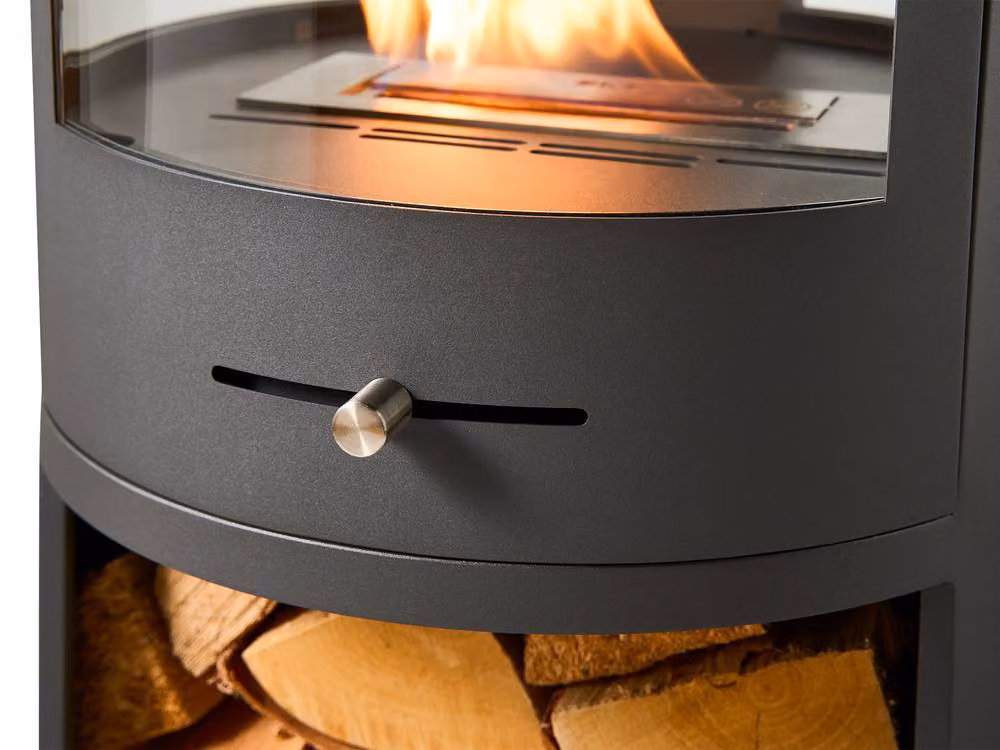 OKO S7 Bio Ethanol Panoramic Stove with Log Storage and Angled Metal Pipe in Dark Grey – 8