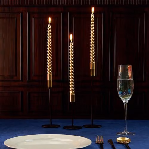 Deco Express Non Scented Twisted Non Drip Dinner Candles, Pack of 3, Gold – 2