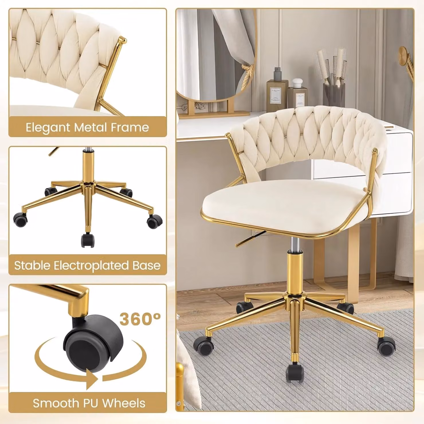 Gymax Hand-woven Beige Vanity Chair with 360 Degree Swivel and Adjustable Height – 2