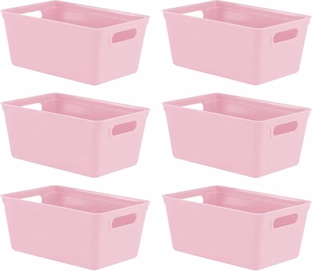Simpa Set of 6 Plastic Studio Organiser Storage Trays with Handles, Pink, 4L, H: 11 cm x W: 17 cm x D: 25 cm