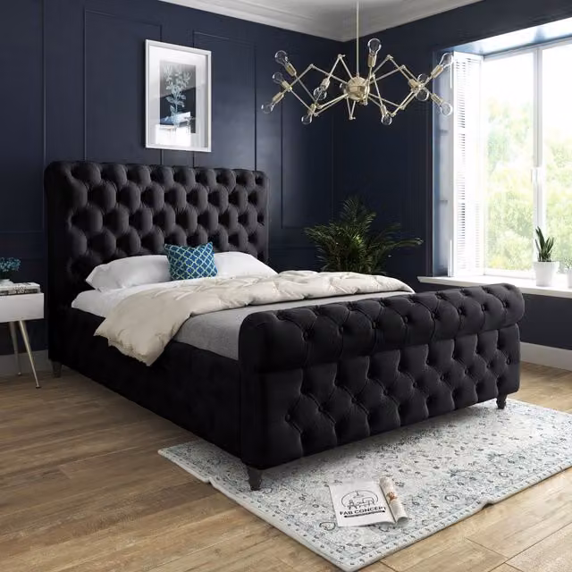 KDMD Savana Sleigh Upholstered Soft Velvet Bed Frame in Black, W/D/H: 180 x 200 x 159 cm