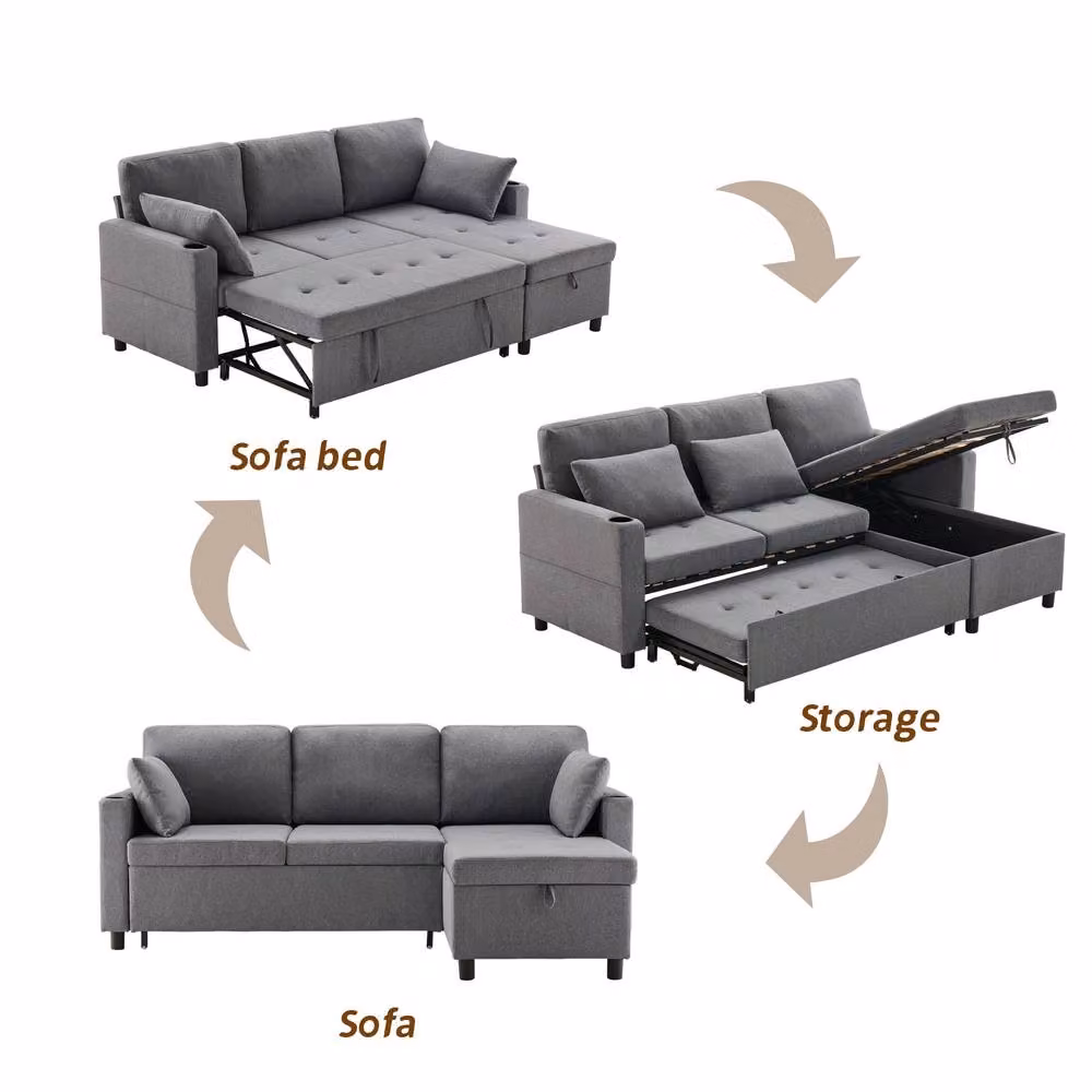 Merax 3-Seater L-Shaped Reversible Convertible Pull-Out Corner Sofa Bed with Storage and Cup Holders in Grey – 4