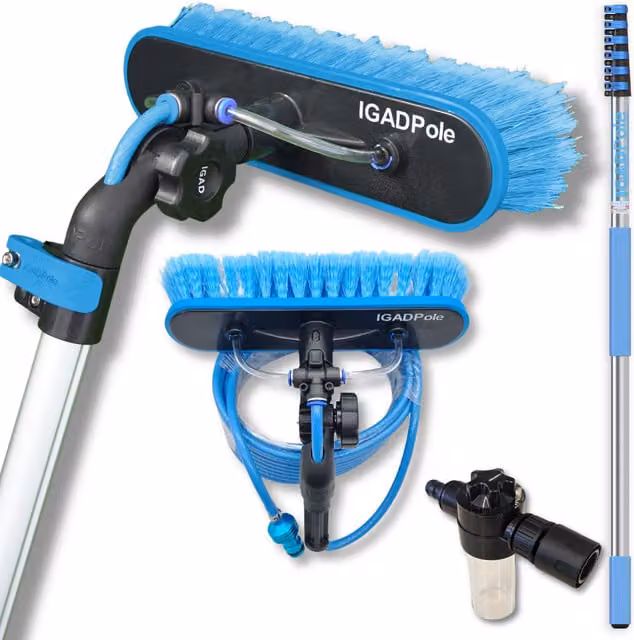IgadPole Blue Telescopic Window Cleaning Kit with Aluminium Water-Fed Microfibre Brush and Hose
