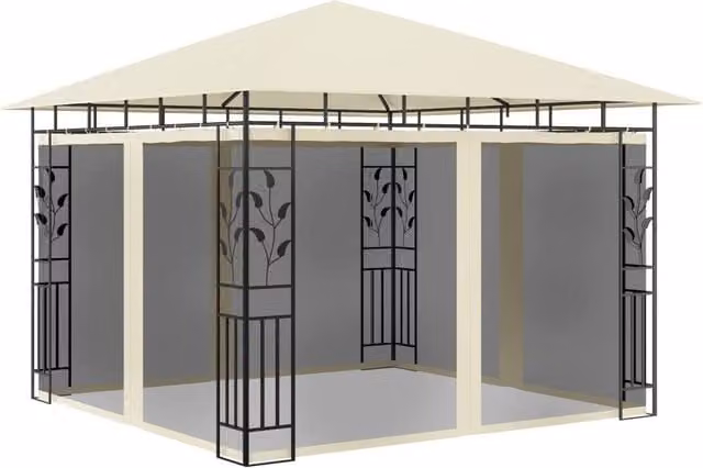 Berkfield Home Gazebo with Mosquito Net and LED String Lights, Beige, W/D/H: 300 x 300 x 273 cm – 1
