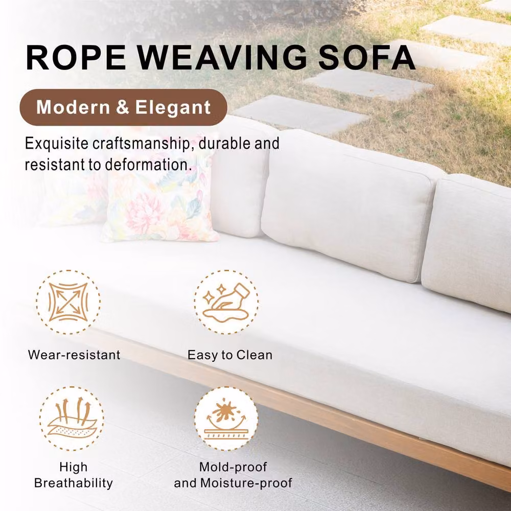 MIMO Outdoor Acacia Wood Three-Seat Sofa Set with Rope Detailing in Natural and Sand/Beige – 2