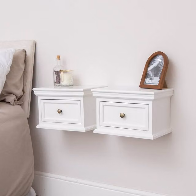 Melody Maison Daventry White Range Pair of White Lacquered Wood Wall Mounted Bedside Tables